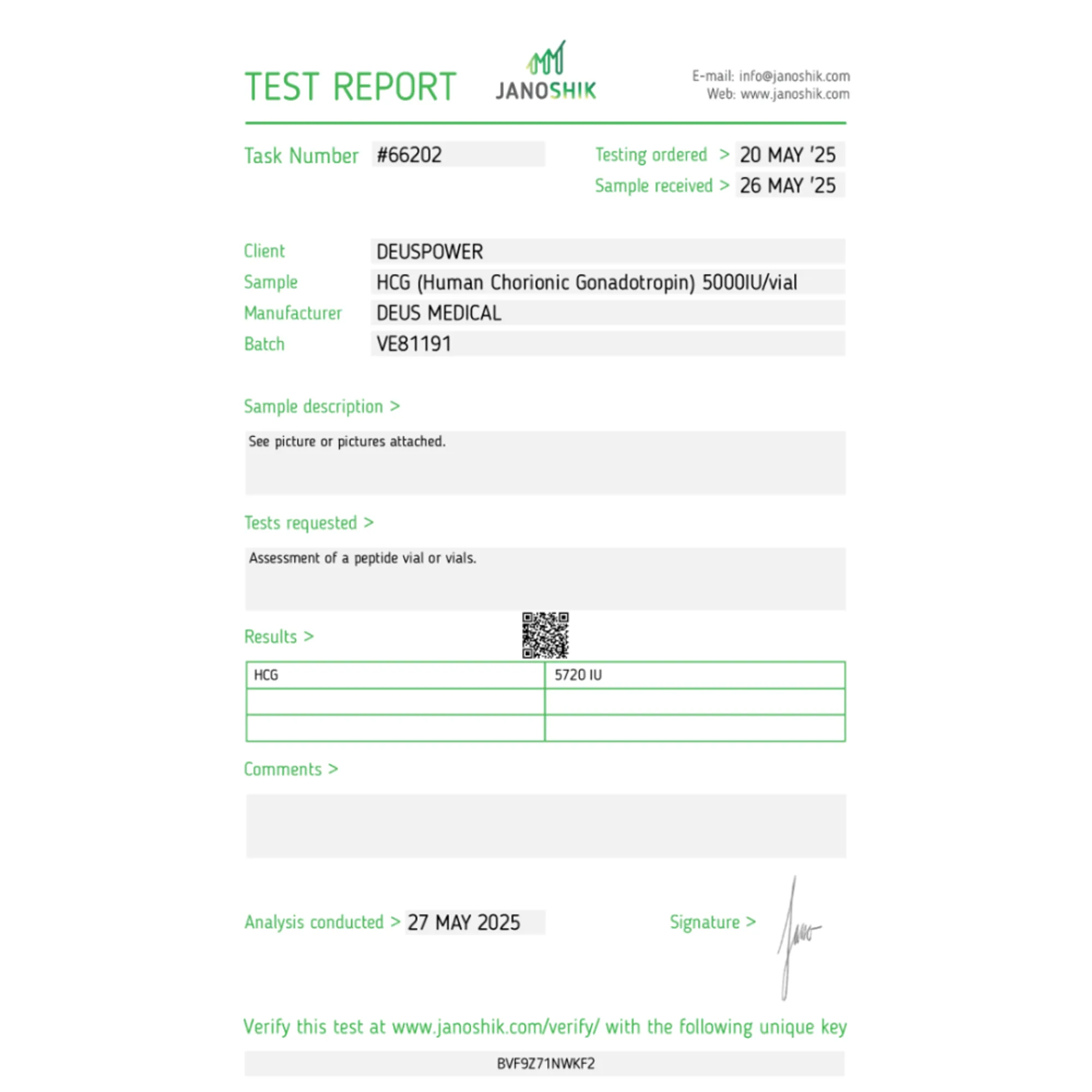 HCG (Human Chorionic Gonadotropin) 5000 IU hormone vial, Deus Medical